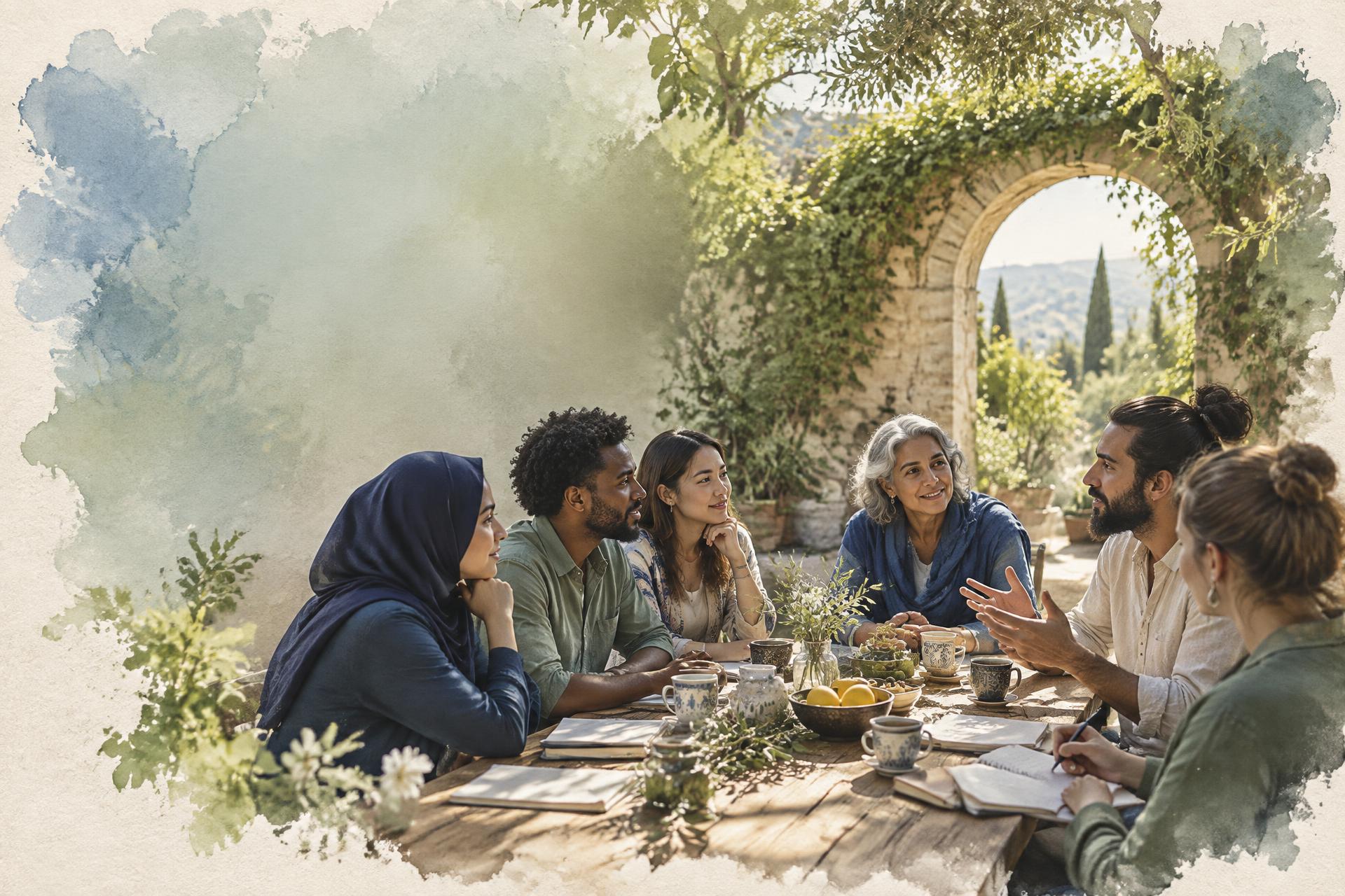 A diverse group listening to one another around a garden table