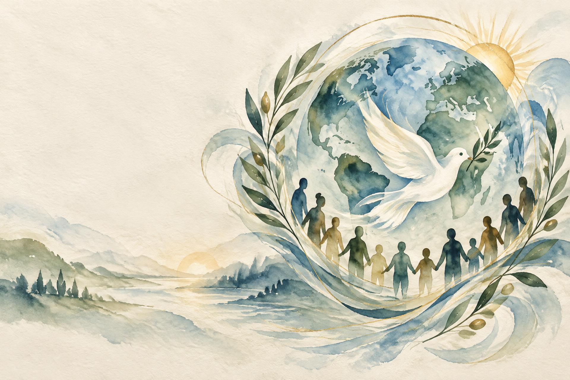 A hand-painted world held by connected people, olive leaves and a dove